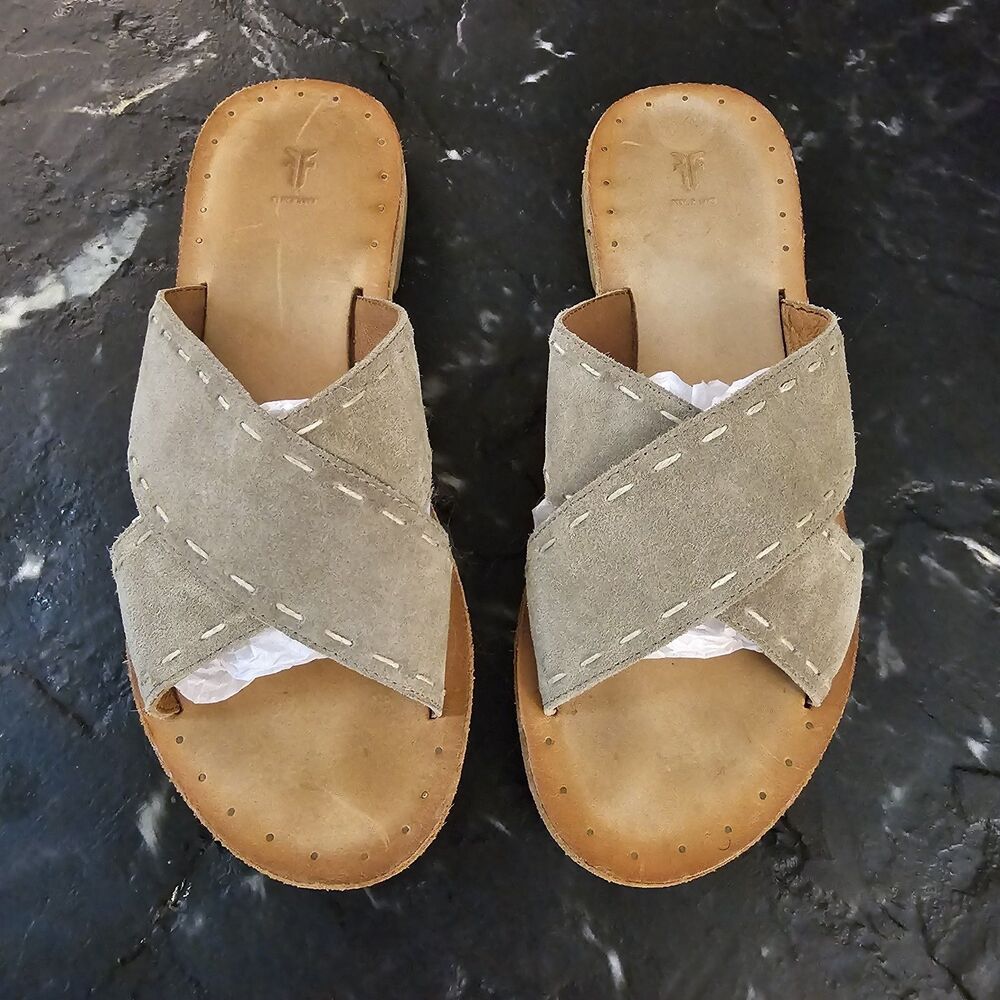 Frye Avery Pickstitch Slide Sandals Womens 9.5 Ash Suede Leather Boho Artisan